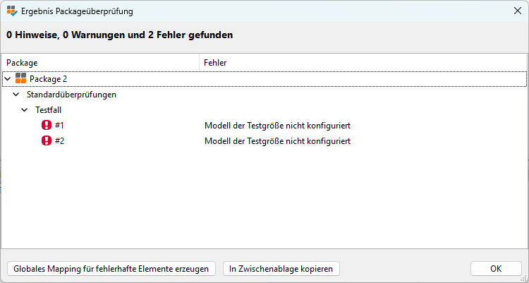 Ergebnisdialog der Packageprüfung